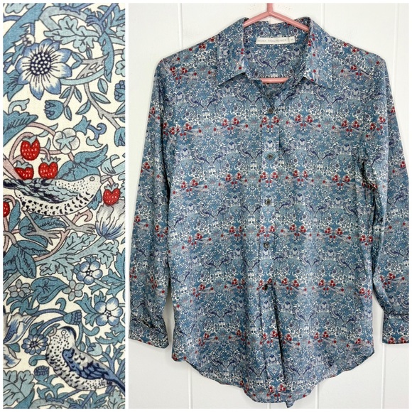 🍓MONA THALHEIMER Strawberry Thief Button Down Shirt Small Birds Blue Cotton USA - Picture 1 of 8